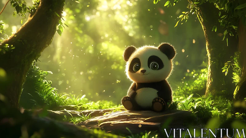 Cute baby panda sitting in bright green forest clearing scene.