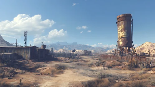 Quiet desert outpost with rusted water tower under blue sky.