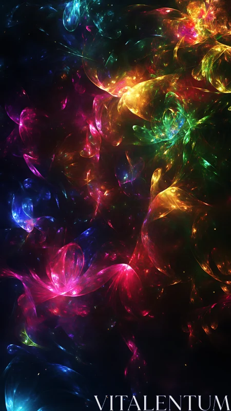 Multicolored fractal light formations occupy a dark field