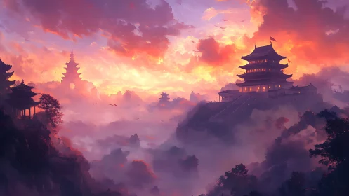 Digital painting of misty mountain temples at sunrise glow.