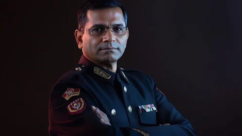 Confident military officer stands in dramatic studio lighting