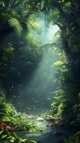 Misty Jungle Stream Surrounded by Lush Tropical Canopy