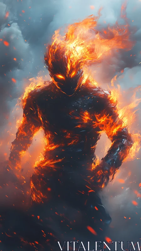 Flaming humanoid figure strides through smoke and embers.