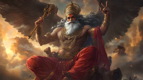 Majestic winged deity soaring through glowing storm clouds.