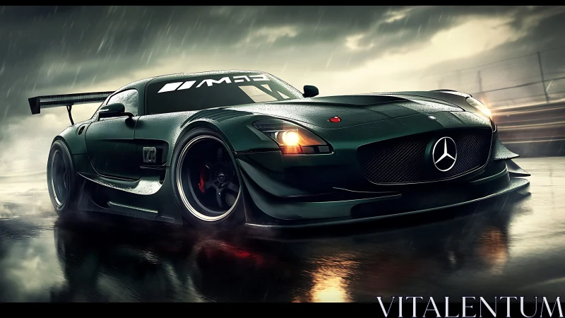 Mercedes GT3 race car powers through wet night circuit