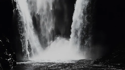 Monochrome waterfall plunge in high-contrast shadow study.