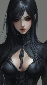 Dark-haired gothic woman in black corset dress portrait.