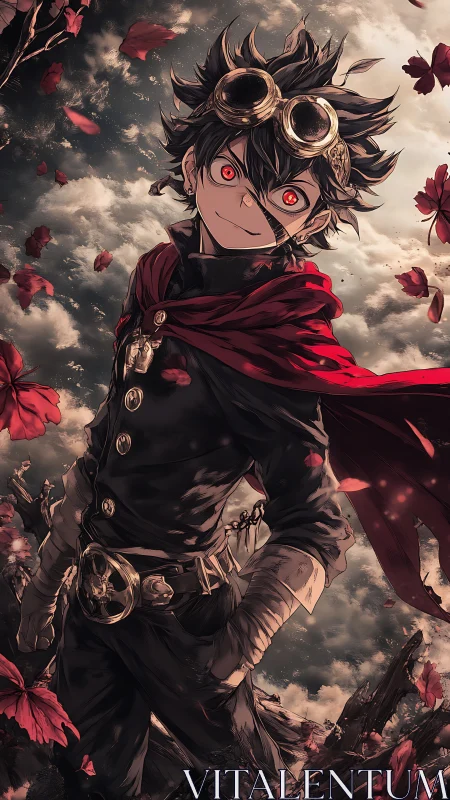 Red eyed anime boy in goggles with crimson cloak outdoors.