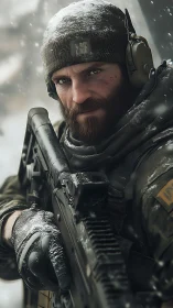 Photorealistic tactical portrait of winter soldier in focus.