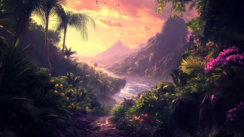 Sunlit jungle river winding through misty violet mountains.