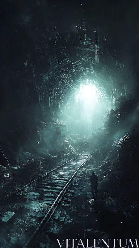 Cyberpunk tunnel vista with solitary figure on broken tracks.