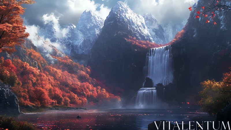 Misty mountain waterfall embraced by glowing autumn forest.