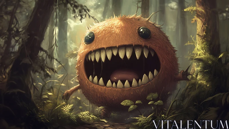 Fluffy forest monster with a huge grin of curious teeth.