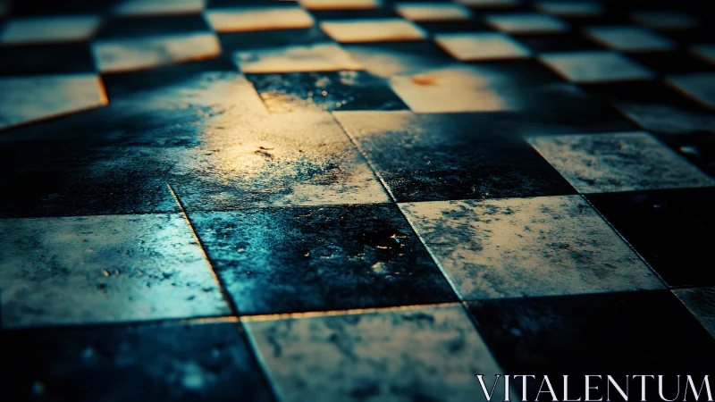 Grungy Vintage Checkerboard Floor with Moody Lighting Effect.
