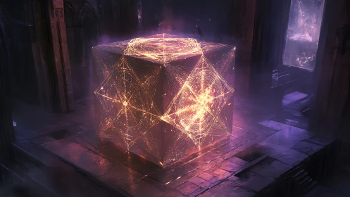 Luminous geometric cube structure in dark stone chamber.