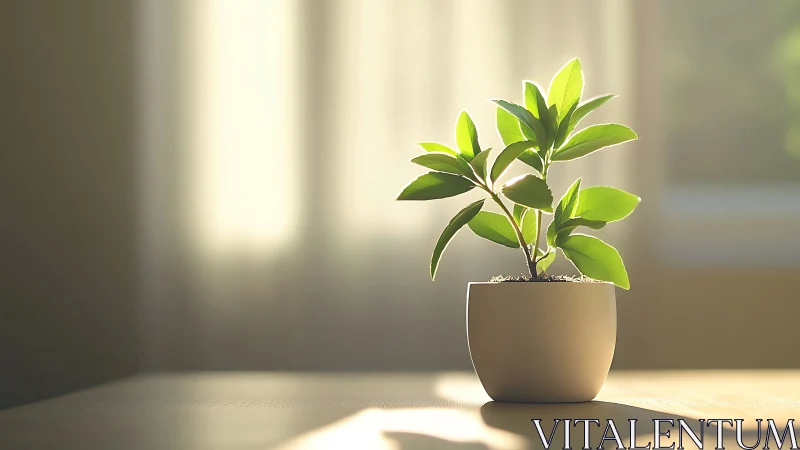 Sunlit potted plant rests calmly on a minimalist table.