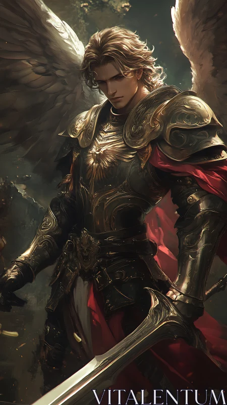 Radiant winged warrior standing firm in golden armor.