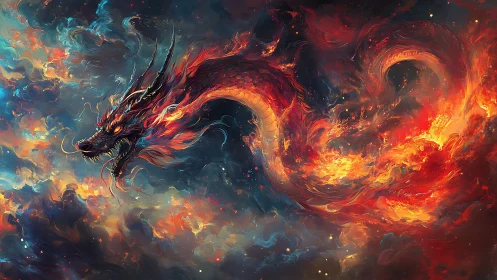 Celestial fire dragon twists galaxies into blazing ribbons