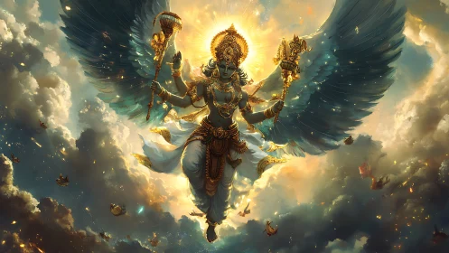 Divine winged deity soaring through radiant celestial sky.