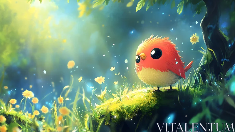 Cute red cartoon bird in magical forest, whimsical digital art.