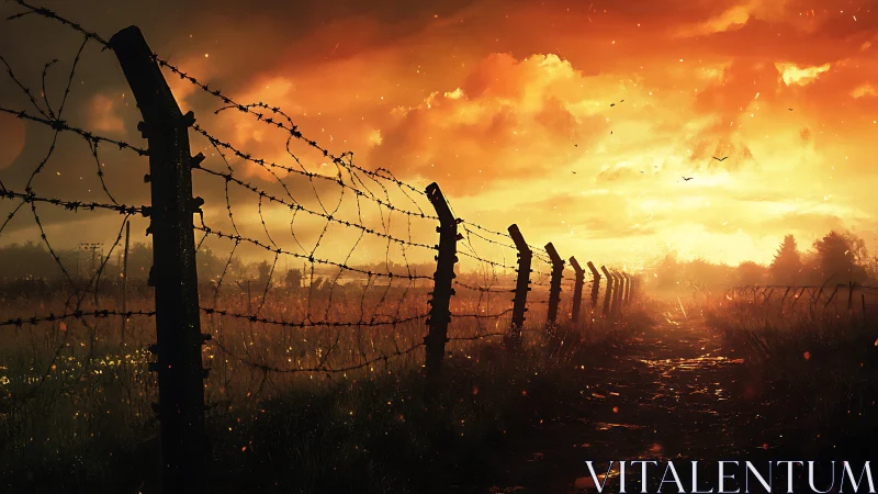 Barbed wire perimeter at sunset with burning amber sky glow.