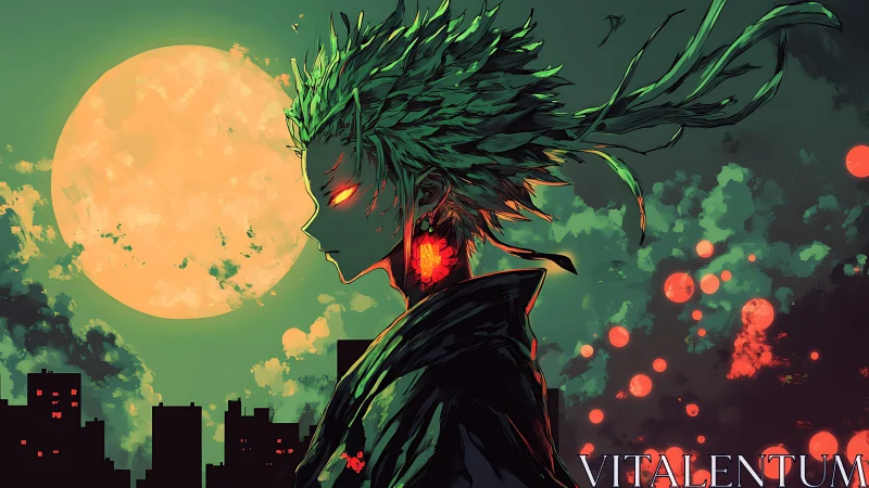 Moonlit anime figure with glowing eyes and city skyline.