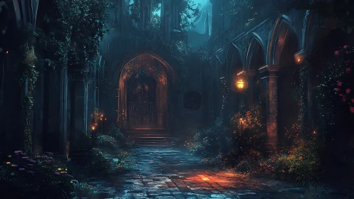Gothic courtyard gateway under moody cinematic lantern glow.