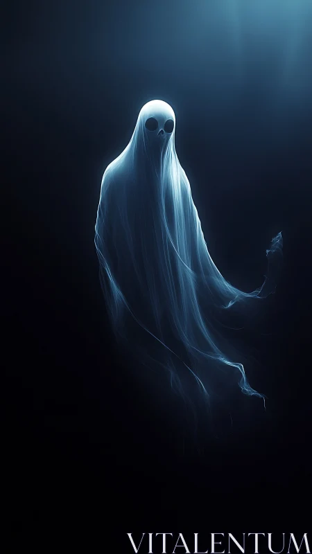 Translucent spectral figure rendered in cool monochrome light