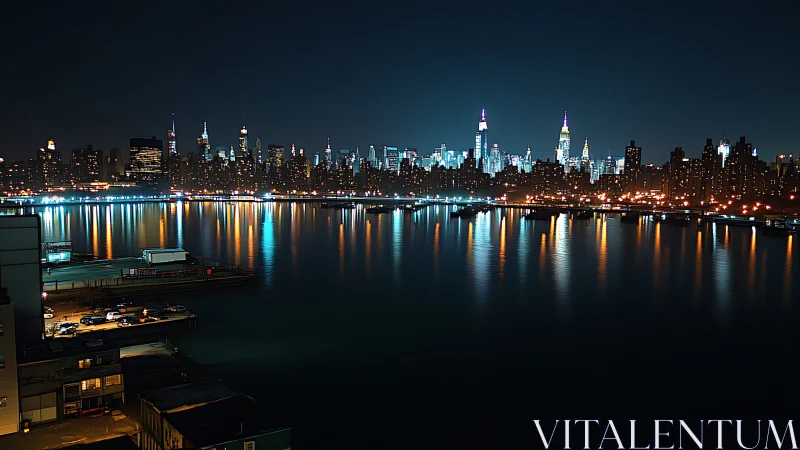Urban waterfront skyline at night with reflected city lights.