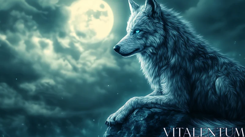 Luminous blue wolf watches full moon over storm clouds.
