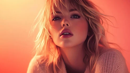 Soft-focus warm portrait with blonde hair and peach gradient light