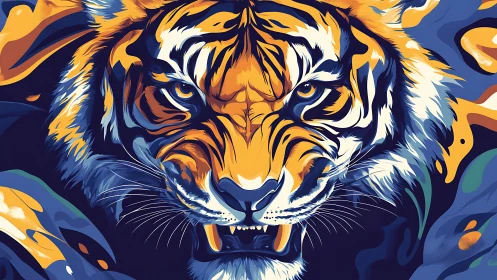 Tiger face rendered in bold blue and orange digital vectors