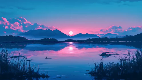 Neon dusk sun sinks behind tranquil mountain lake horizon.