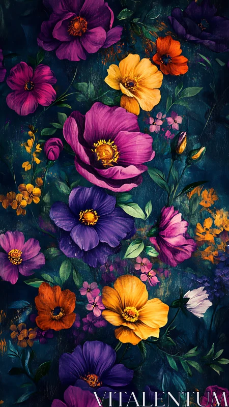 Vibrant floral composition with blooming flowers on dark textured background.