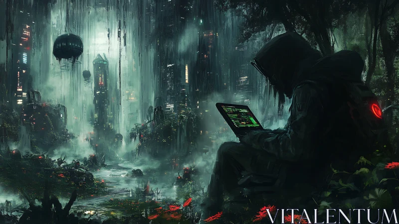 Hooded hacker in dense cyberpunk jungle city ruin.