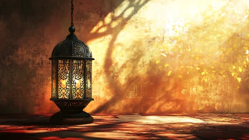 Metal lantern glows against warm textured golden wall.