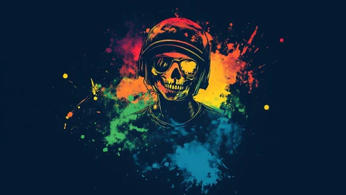 Neon skull biker portrait with explosive paint splashes.