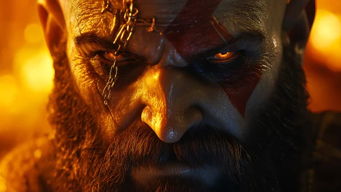 Close-up of bearded warrior with facial markings in firelight