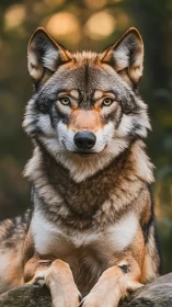 Golden-hour portrait of poised wolf on mossed forest rock