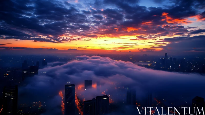 City lights welcoming dawn above a rolling cloud sea.