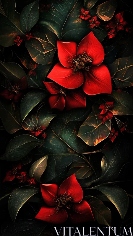 Crimson Blossoms Against Deep Teal Foliage