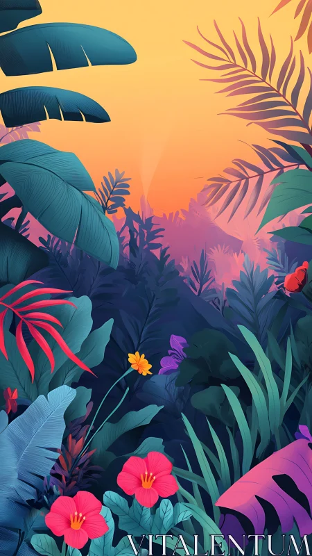 Glowing tropical jungle at sunset with lush colorful leaves.
