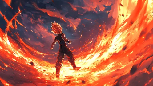 Energetic warrior within concentric radial fire vortex eruption