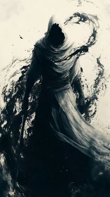 Shrouded wraith silhouette amid swirling monochrome shadow vortex