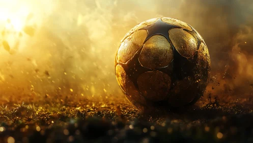 Golden soccer ball glows in dramatic dust and sunset haze