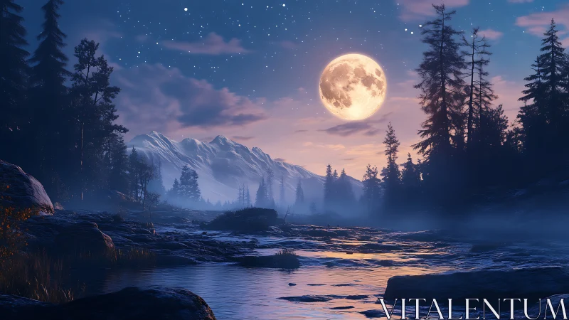 Full moon illuminates alpine river with cinematic twilight lighting
