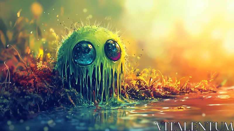 Gentle mossy creature with starry eyes by a glowing pond.