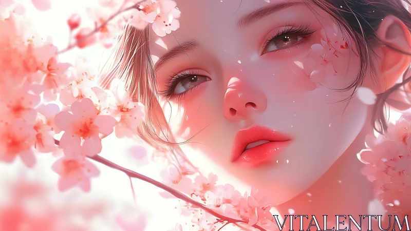 Ethereal girl gazes through soft pink cherry blossoms