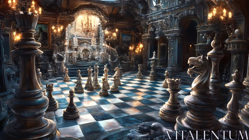 Majestic chessboard unfolds within a grand baroque hall