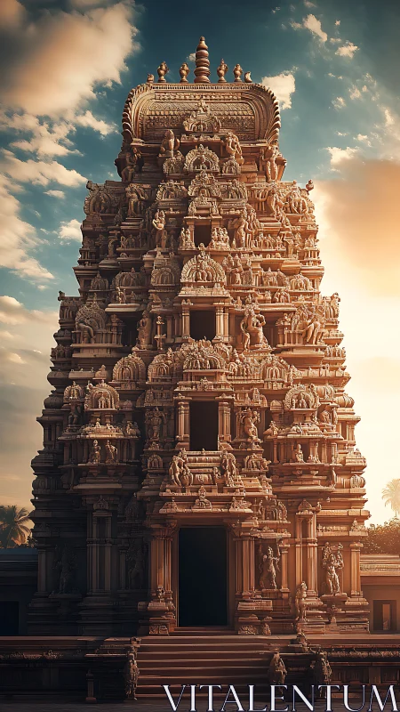 Dravidian temple gopuram under warm cinematic sunset light.
